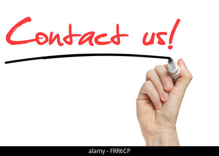 Contactez-nous par écrit à la main avec un marqueur rouge sur transparent conseil d'effacement Banque D'Images