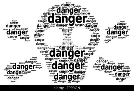 Danger du texte dans une forme d'un crâne avec des os croisés, isolated on white Banque D'Images