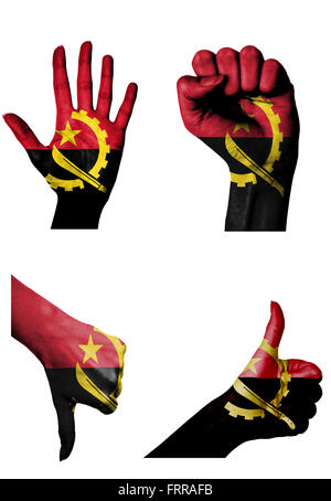 Les mains avec plusieurs gestes (poing fermé, paume ouverte, les pouces vers le haut et vers le bas) avec l'Angola flag painted isolated on white Banque D'Images