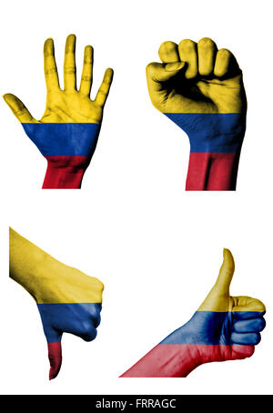 Les mains avec plusieurs gestes (poing fermé, paume ouverte, les pouces vers le haut et vers le bas) avec la Colombie flag painted isolated on white Banque D'Images