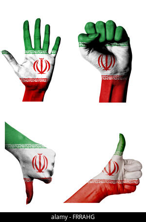 Les mains avec plusieurs gestes (poing fermé, paume ouverte, les pouces vers le haut et vers le bas) avec l'Iran flag painted isolated on white Banque D'Images