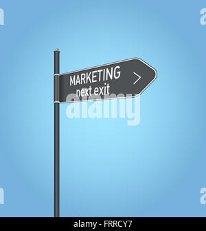 La commercialisation prochaine sortie, dark grey road sign concept sur fond bleu Banque D'Images