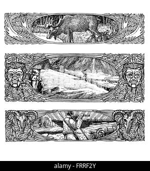 Trois belles vintage art déco avec des frontières, l'exploration et l'aventure, tous les éléments de recherche encadrée par l'iper décorées s'épanouit d'enrober la faune et les masques Banque D'Images