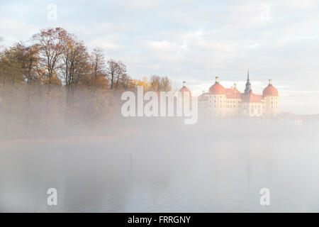 Vieux château allemand en automne forêt de brouillard près de lac calme. Banque D'Images