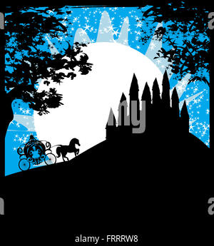 Silhouette d'une calèche et d'un château médiéval Banque D'Images