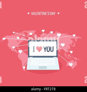 Vector illustration. Fond plat avec ordinateur portable. L'amour, coeurs. Valentines Day. Be My Valentine. 14 février. Illustration de Vecteur