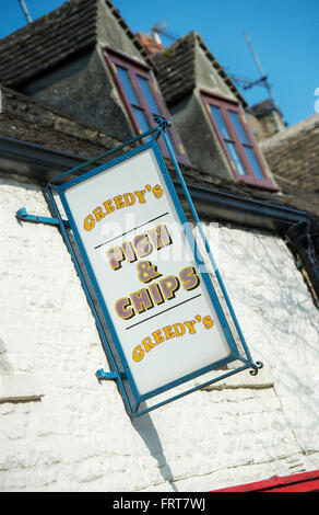 Greedys fish and chips shop sign in Stow on the Wold, Cotswolds, Gloucestershire, Angleterre Banque D'Images