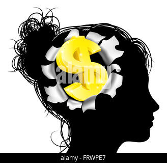 Une tête de femme en silhouette avec le symbole du dollar en or. Concept pour penser ou rêver de faire de l'argent ou de l'entreprise succès Banque D'Images