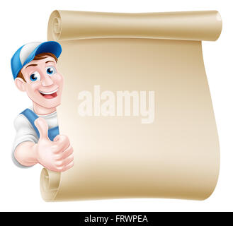 Cartoon mécanicien, plombier, jardinier, bricoleur ou décorateur leaning autour d'une molette et en donnant un coup de pouce Banque D'Images