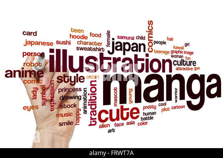 Manga mot concept cloud avec illustration tags liés japonais Banque D'Images