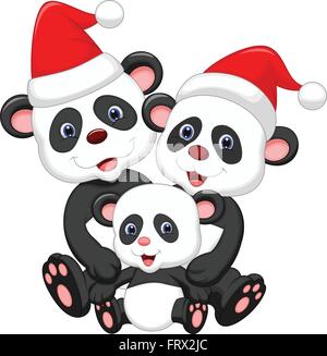 Happy Panda family wearing red hat Illustration de Vecteur