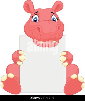 Hippo Cute cartoon holding blank sign Illustration de Vecteur