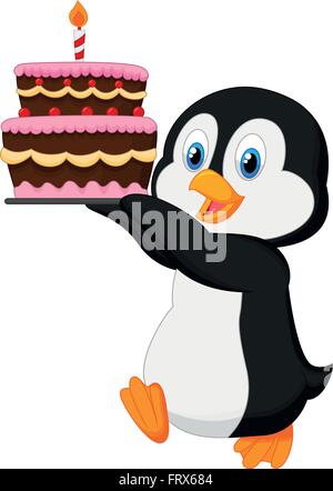 Holding birthday cake pingouin Illustration de Vecteur