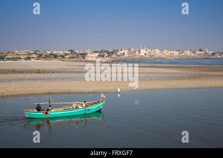 Bateau de pêche et les oiseaux de mer sur la plage près de l'entrée du port, Porbandar, Gujarat, Inde Banque D'Images