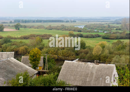 Vue sur maisons à river plain, Narew National Park, Podlaskie Voivodeship, Pologne Banque D'Images