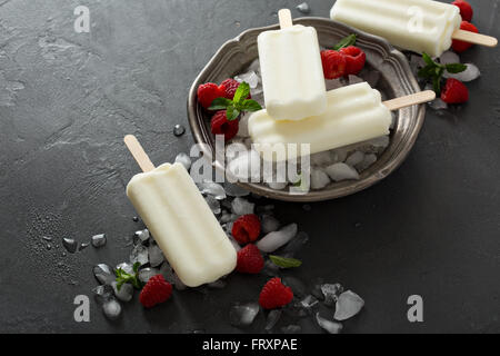 Sucettes de noix de coco avec les framboises sur fond noir Banque D'Images