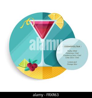 Recette cocktail Cosmopolitan illustration en télévision couleur avec style design art déco et d'ingrédients de fruits d'été Illustration de Vecteur