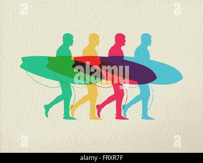 Rendez-vous été surf concept design, sport homme silhouette marcher avec planche de surf. Style colorés sur fond de texture. EPS10 Illustration de Vecteur