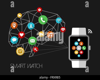 Smart watch concept télévision style art illustration design avec l'app icônes affichées dans la forme du cerveau humain abstrait. Vecteur EPS10. Illustration de Vecteur