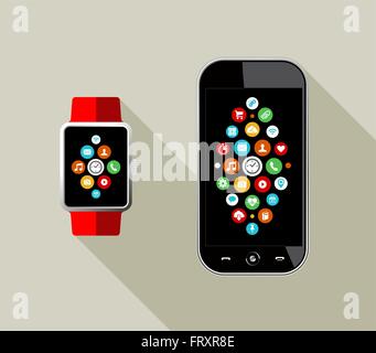 Appartement moderne de style art illustration de smart watch et le téléphone mobile à l'application sociale des icônes sur l'écran. Vecteur EPS10. Illustration de Vecteur