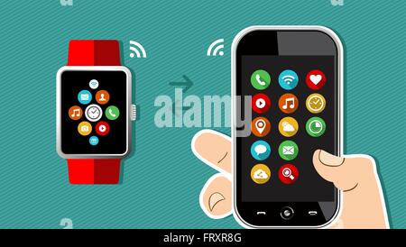 Technologie Concept illustration de human hand holding mobile phone avec smart watch connection et app icônes sur l'écran. EPS10 Illustration de Vecteur