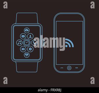 Présentation du concept illustration de smart watch et le téléphone mobile à l'application sociale des icônes sur l'écran. Vecteur EPS10. Illustration de Vecteur