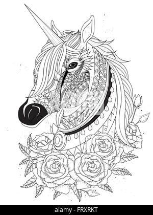 Licorne sacrée avec des roses - coloriage adultes Illustration de Vecteur