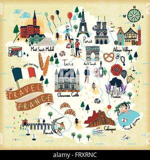 Belle France travel map avec de célèbres attractions touristiques et les spécialités Illustration de Vecteur