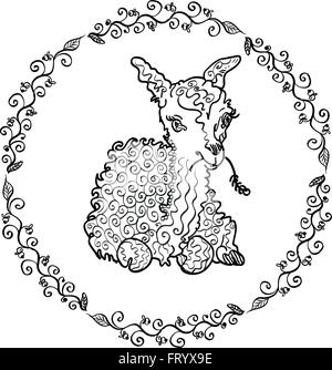 Agneau tirée par un marqueur dans une trame d'un ornement végétative. Lama ou un caractère d'agneau et de l'ornement floral. La coloration pour les adultes Illustration de Vecteur