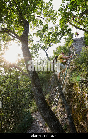 La randonnée le long du sentier de randonnée Rheinsteig, près de Sankt Goarshausen, Rhénanie-Palatinat, Allemagne Banque D'Images