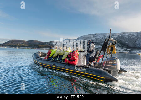 Un passager donne le pouce vers le haut signe à cheval le Saltstraumen dans un bateau gonflable rigide. Bodø dans le comté de Nordland, Norvège. Europe Banque D'Images