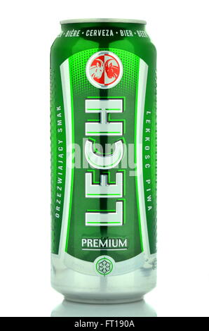 Bière blonde pâle Lech isolé sur fond blanc Banque D'Images