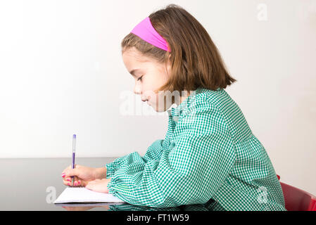 Petite fille avec un plaid vert smock écrit dans un ordinateur portable à la maison Banque D'Images