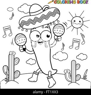 Dessin animé mariachi piment jouer de la musique avec des maracas et danser dans le désert mexicain. Poivre jalapeno de dessin animé. Coloriage vectoriel Illustration de Vecteur