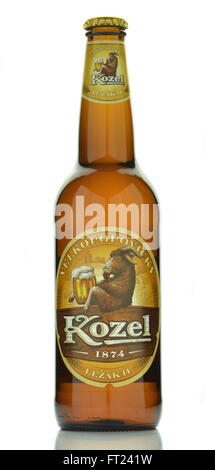 Velkopopovicky Kozel beer isolé sur fond blanc. Banque D'Images