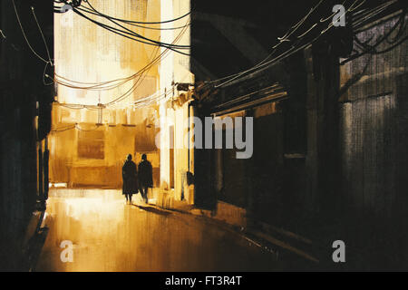 Couple walking in alley la nuit,illustration peinture Banque D'Images