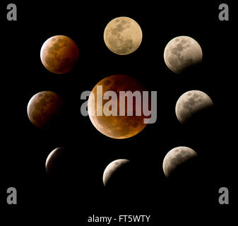 De nombreuses phases de l'éclipse lunaire totale ou lune de sang Banque D'Images