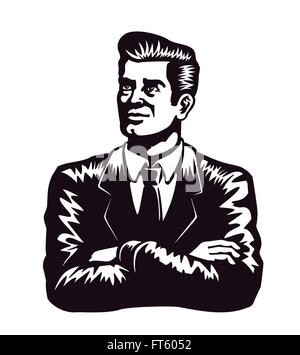 Vintage homme en costume et cravate avec les bras croisés et sûre d'expression vector illustration sur fond blanc Illustration de Vecteur