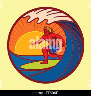 Big wave riding surfeur dans le coucher de soleil, mer surf sport logo, sticker, signer vector illustration Illustration de Vecteur