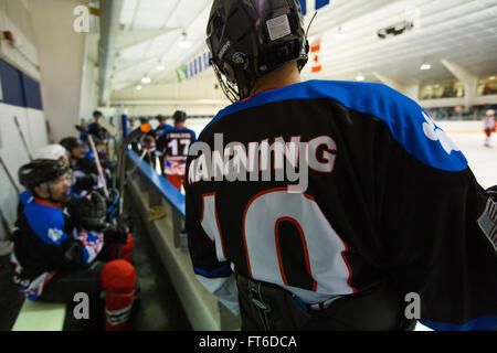 La CBP/club de hockey sur glace à l'encontre de la sécurité intérieure de l'équipe de hockey du 4-2 au premier tour du monde des jeux de police et d'incendie qui se tiendra à Reston en Virginie le 27 juin 2015. Les jeux attirent plus de 10 000 participants à la compétition. Photo de James Tourtellotte Banque D'Images