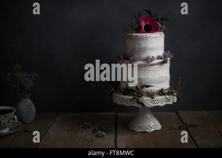 Gâteau fait maison, décorée de fleurs, sur un stand. Fond sombre. Banque D'Images