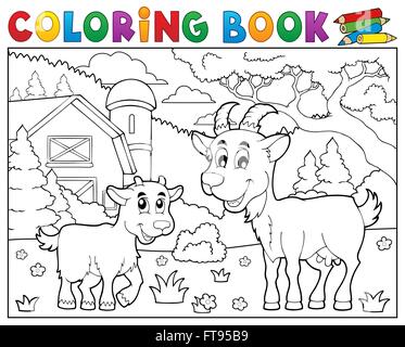 Livre de coloriage chèvres heureux près de ferme - photo illustration. Banque D'Images