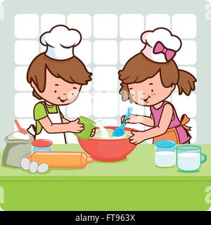 Les enfants cuisinent dans la cuisine. Les petits cuisiniers cuisinent à la maison. Cours de cuisine pour les enfants. Illustration vectorielle Illustration de Vecteur