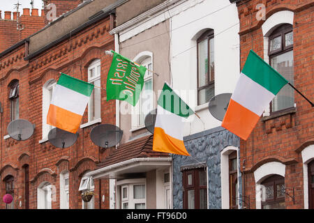 L'Ouest de Belfast, en Irlande. 25 mars, 2016. Beaucoup de maisons dans l'Ouest de Belfast déployer le drapeau de la République d'Irlande au cours de l'Preperations pour commémorer le 100e anniversaire de l'Insurrection de Pâques Crédit : Bonzo/Alamy Live News Banque D'Images