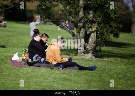 Le nord de Londres, Royaume-Uni. 25 mars, 2016. Des gens assis, marcher, admirer la vue et lecture en tirant le maximum d'un jour de beau soleil à Alexandra Palace dans le nord de Londres le vendredi saint - début du week-end de Pâques Vacances de Banque : Crédit Dinendra Haria/Alamy Live News Banque D'Images