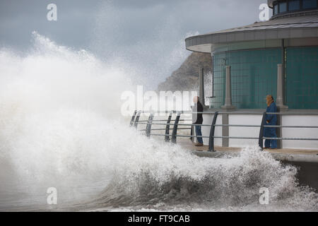 Aberystwyth, Pays de Galles, Royaume-Uni. 26 mars 2016. Un week-end férié. Comme des vagues s'écraser sur le nouveau kiosque à Aberystwyth, regardez sur les vacanciers, inconscients des dangers potentiels. Credit : Alan Hale/Alamy Live News Banque D'Images