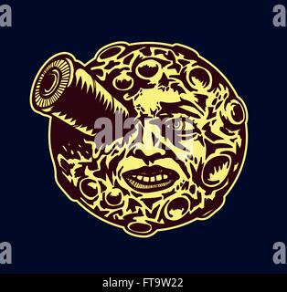 Lune voyage ! Dessin stylisé lune face avec fusée spatiale dans l'oeil, l'histoire du cinéma, de l'alunissage, vecteur futur vintage Illustration de Vecteur