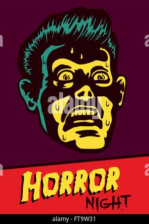 Nuit d'horreur ! Halloween party ou Movie night event flyer avec vecteur Conception vintage terrifiés face homme distrait par la peur Illustration de Vecteur