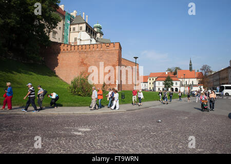 Groupe de touristes sur les sites touristiques d''ci-dessous le château de Wawel, vieille ville, Cracovie, Pologne Banque D'Images