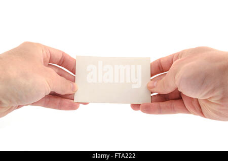 L'homme deux mains tenant remarque, isolated on white Banque D'Images